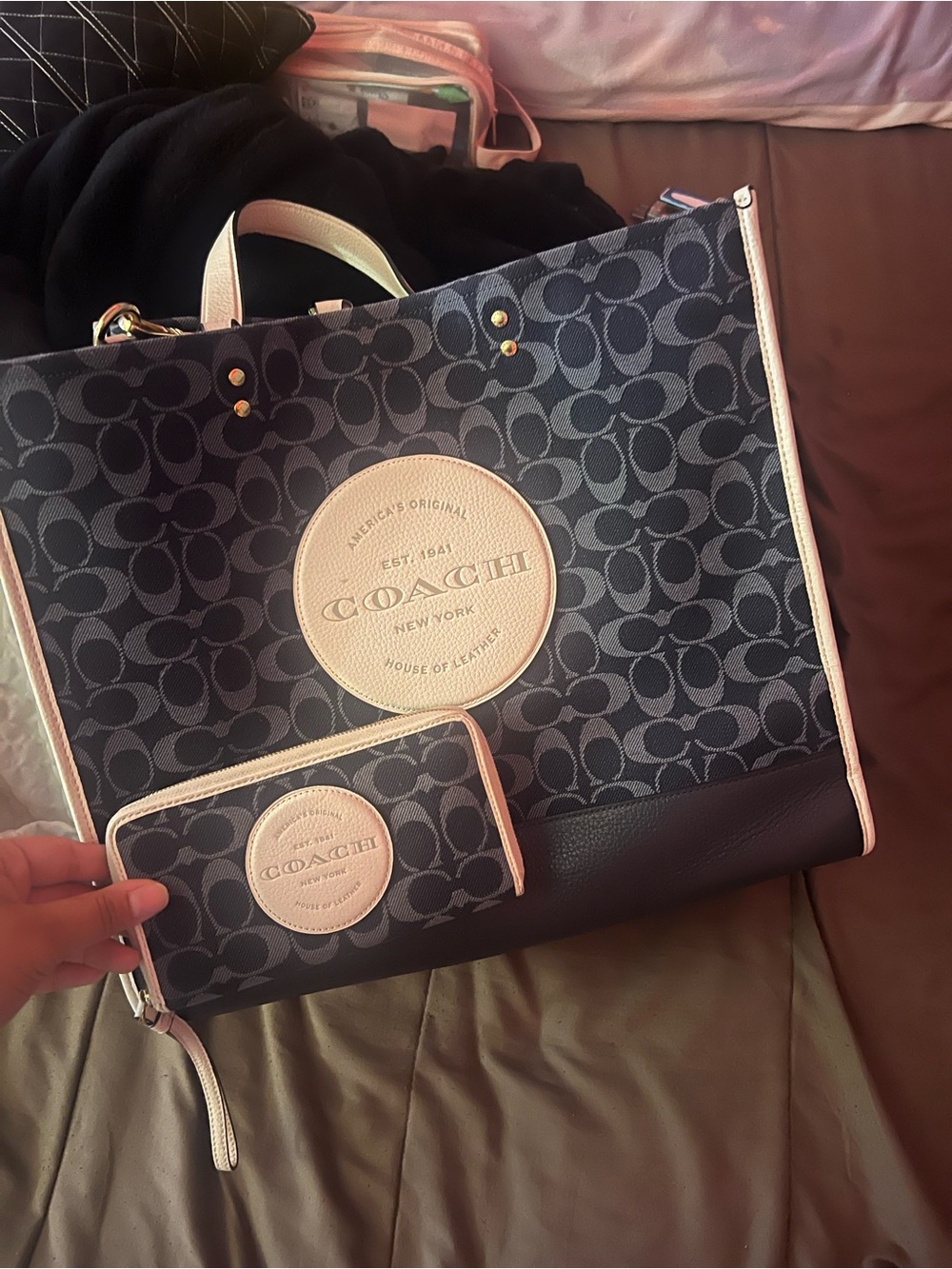 Coach Black Signature Canvas Tote with Cream Trim and Matching Wristlet